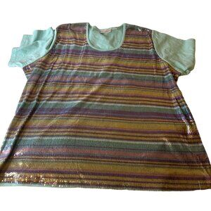 Quacker Factory Striped Sequin Tunic Top Mint Sleeves fun fashion Sz 3X Bling